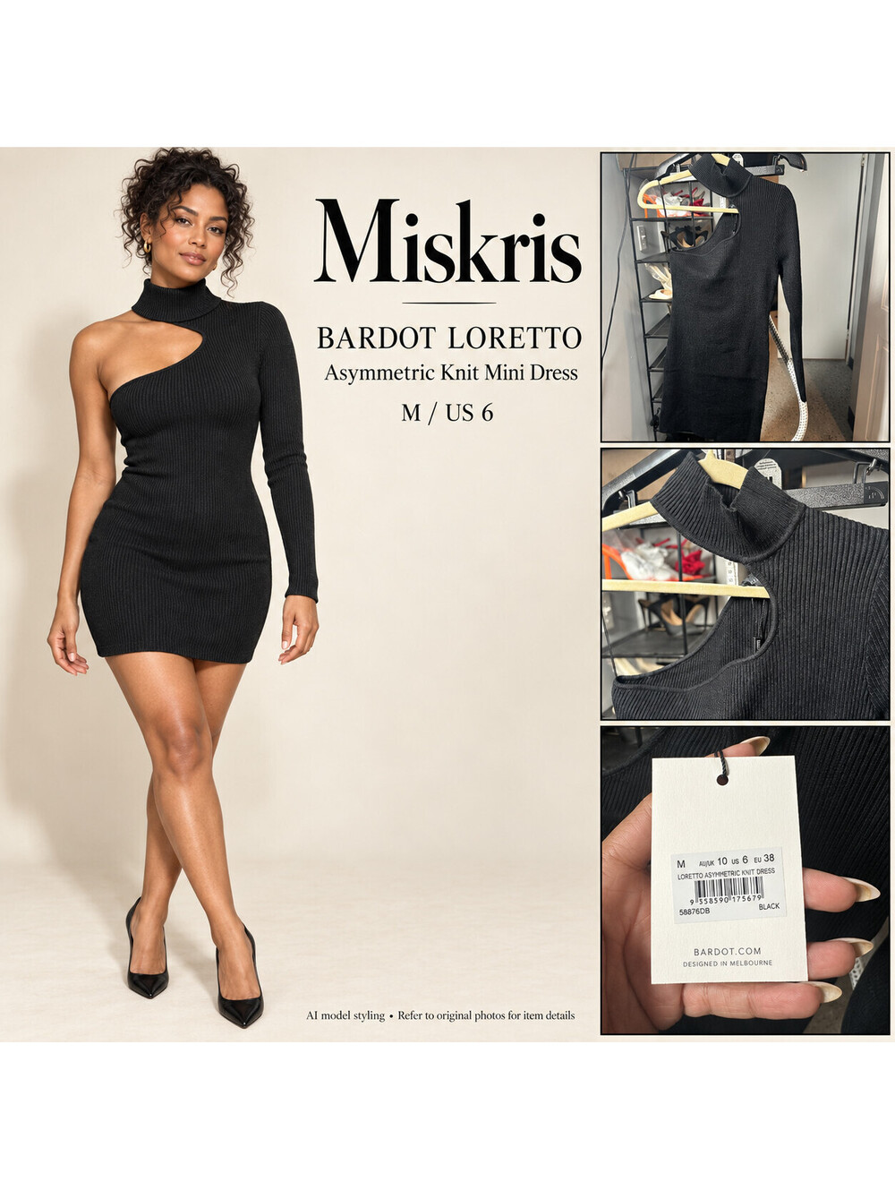 Bardot Loretto Black Asymmetric Knit Mini Dress M US 6 One Sleeve Cutout NWT
